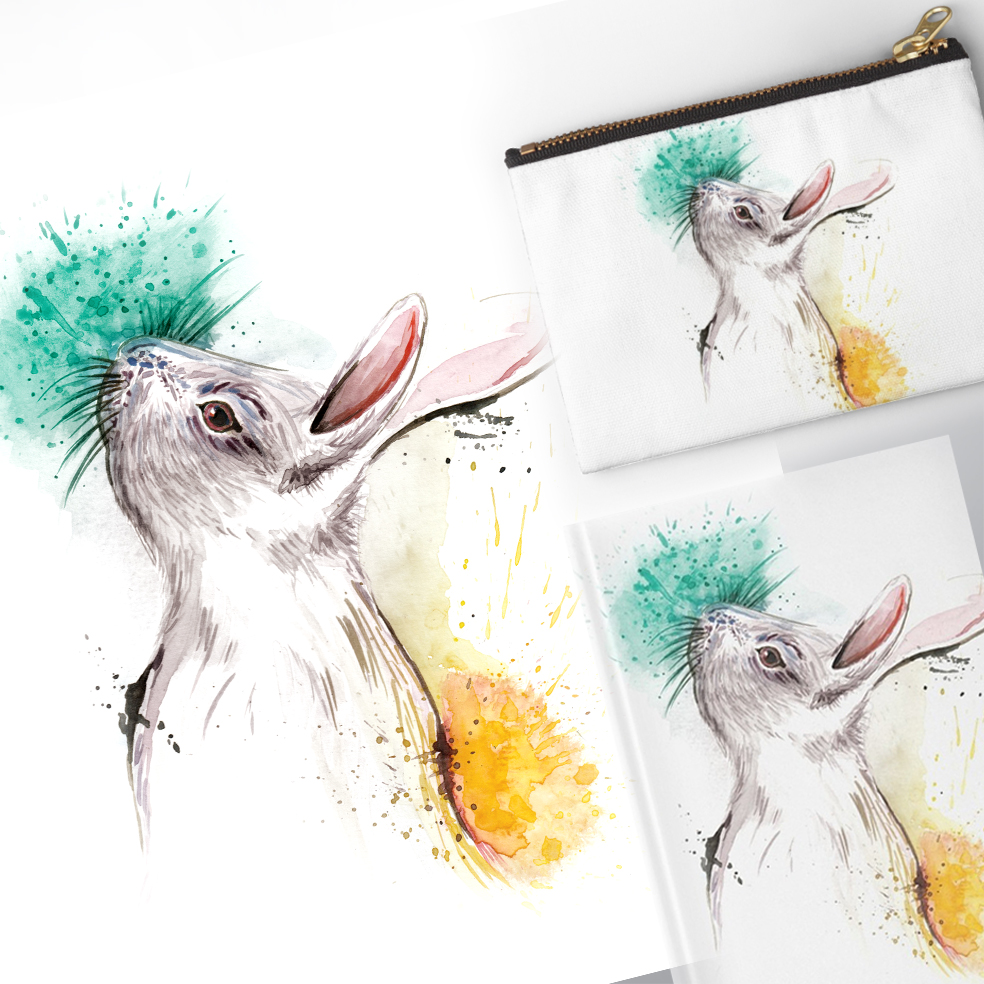 Dessin d'un lapin coloré à la peinture aquarelle
